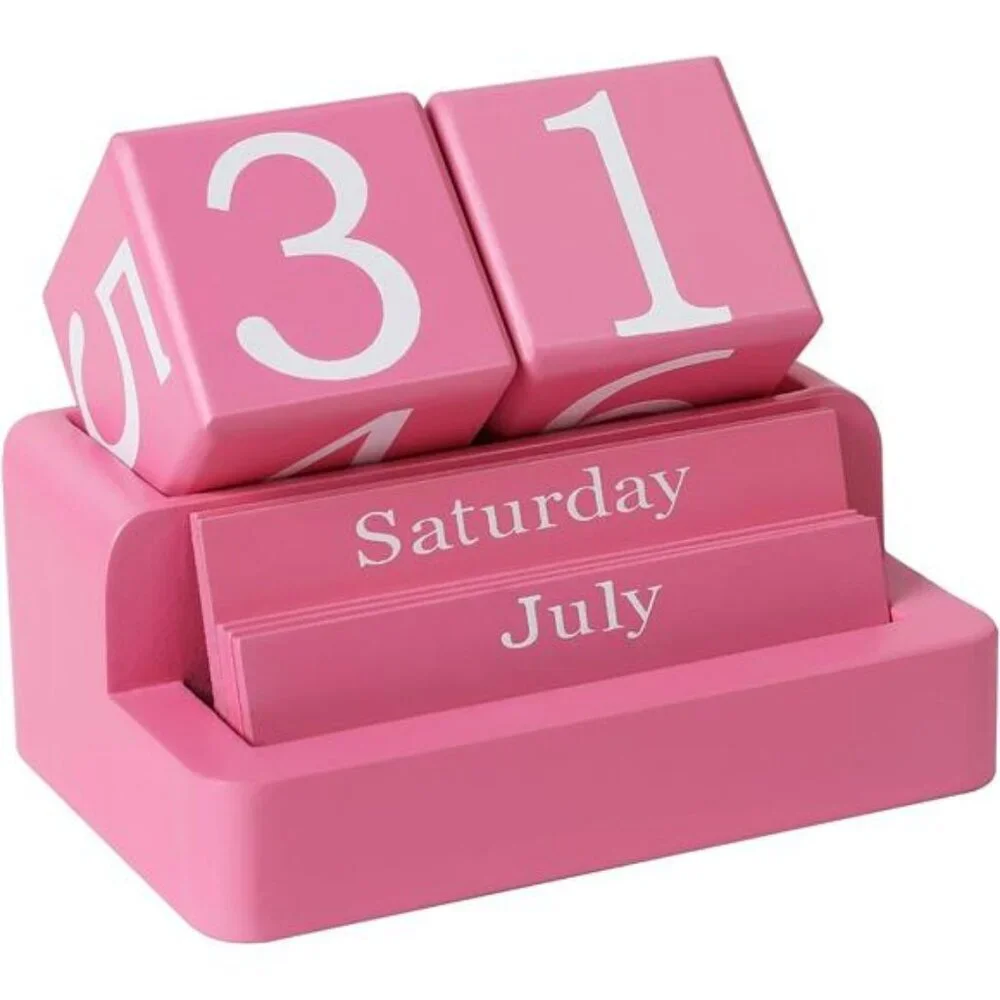 Wooden Block Perpetual Desk Calendar Reusable Date Display Home Office Decor